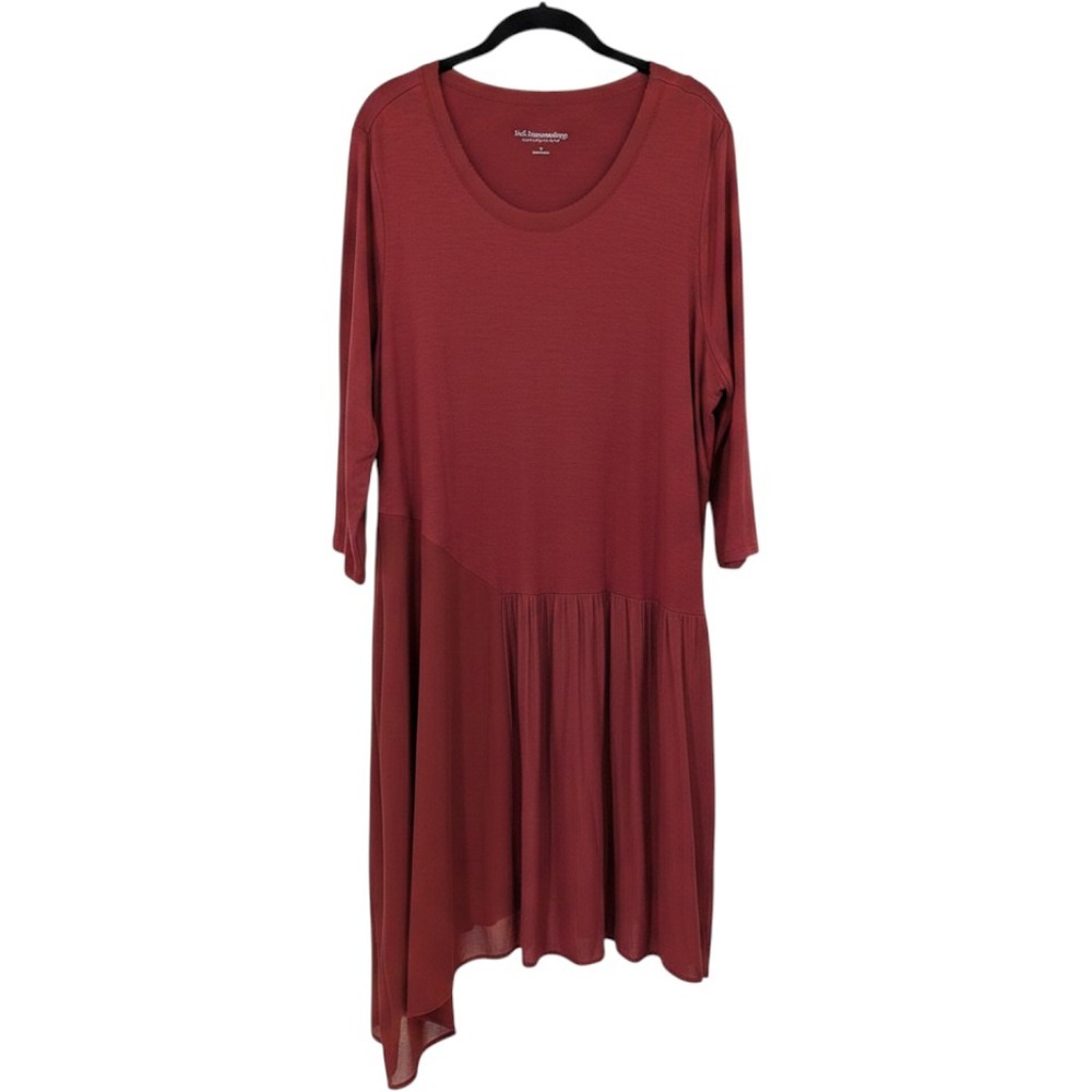 Soft Surroundings Dress Women 1X Rust Red Mixed Media Asymmetric Hem 3/4 Sleeve